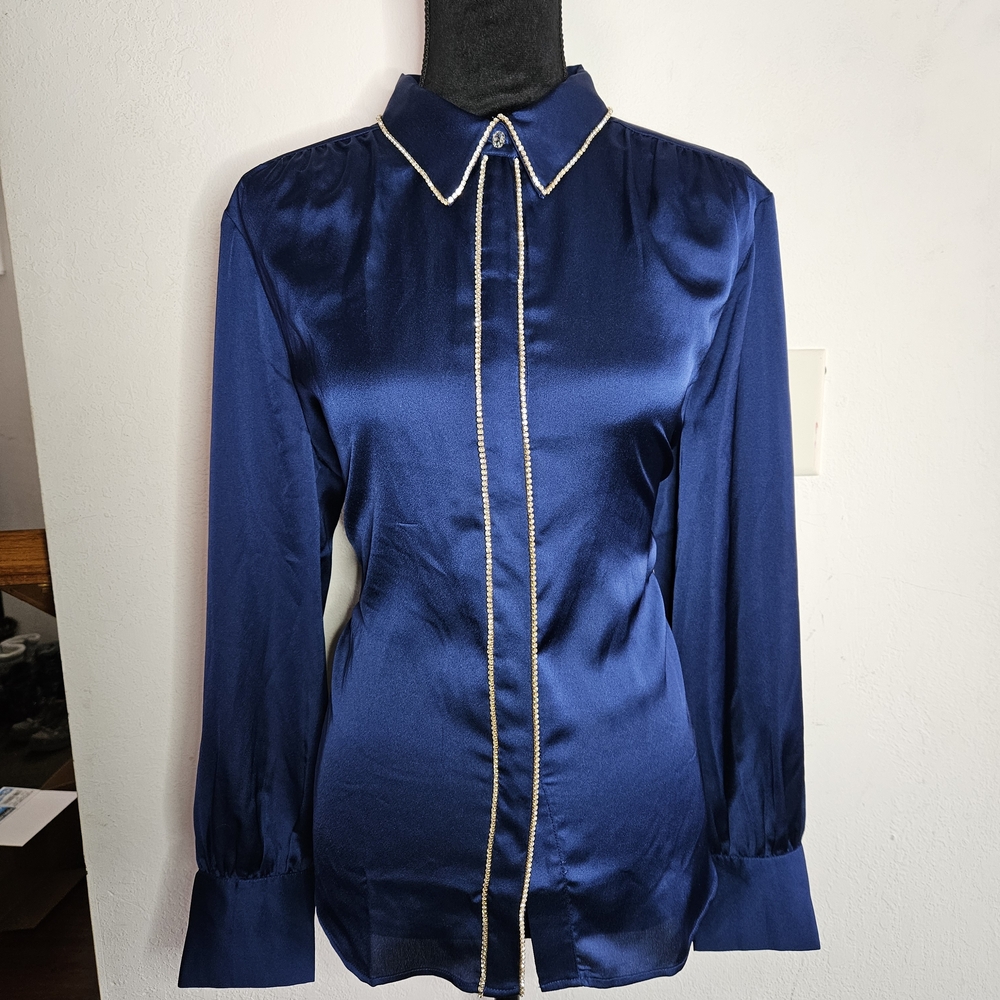 Ann Taylor Navy Satin Button-Down Blouse with Contrast Trim